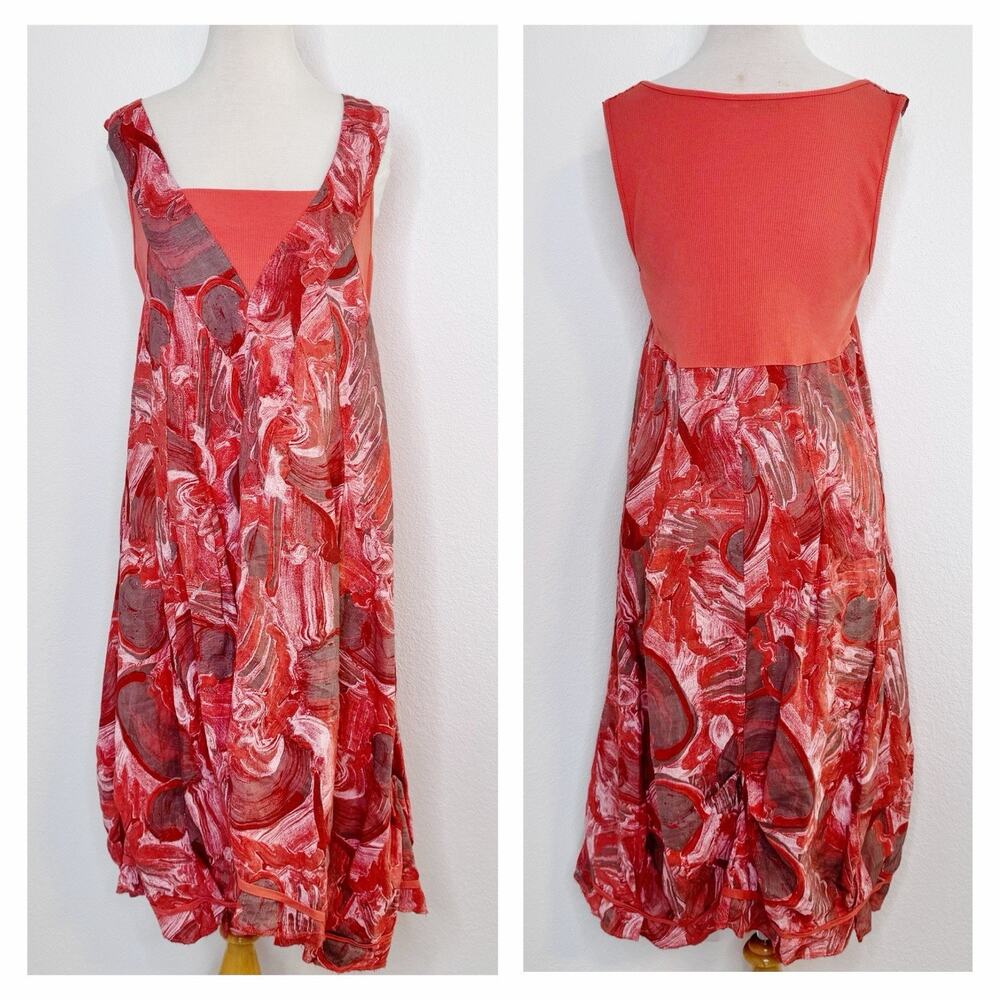Lands Downunder Women Italian Linen Dress Size M Orange Artsy Coastal Abstract